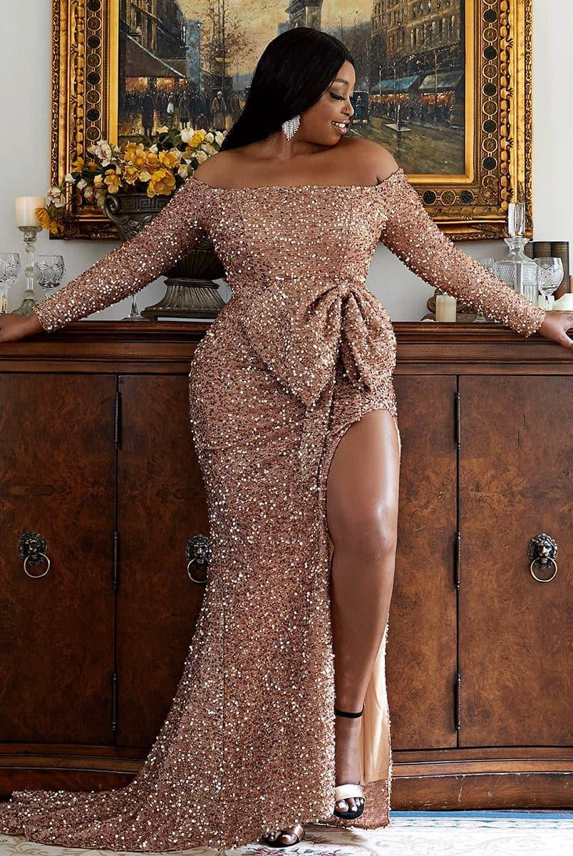 Plus Size Bow Knot Split Formal Dress PXH2122 - MISS ORD