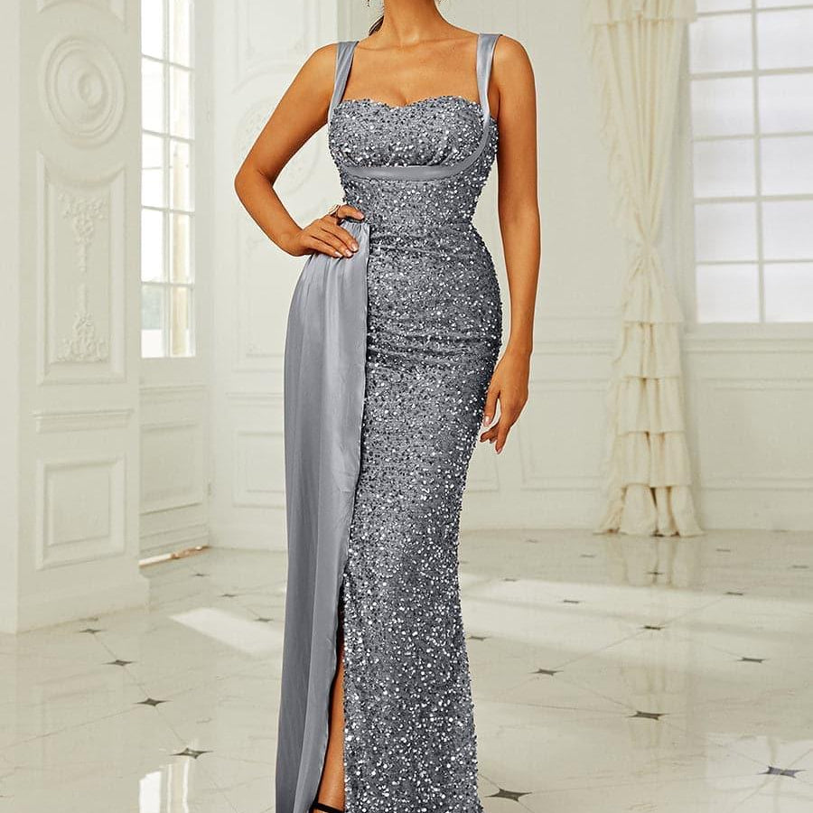 Ribbon Corset Sequin Maxi Prom Dress XH2162 - MISS ORD