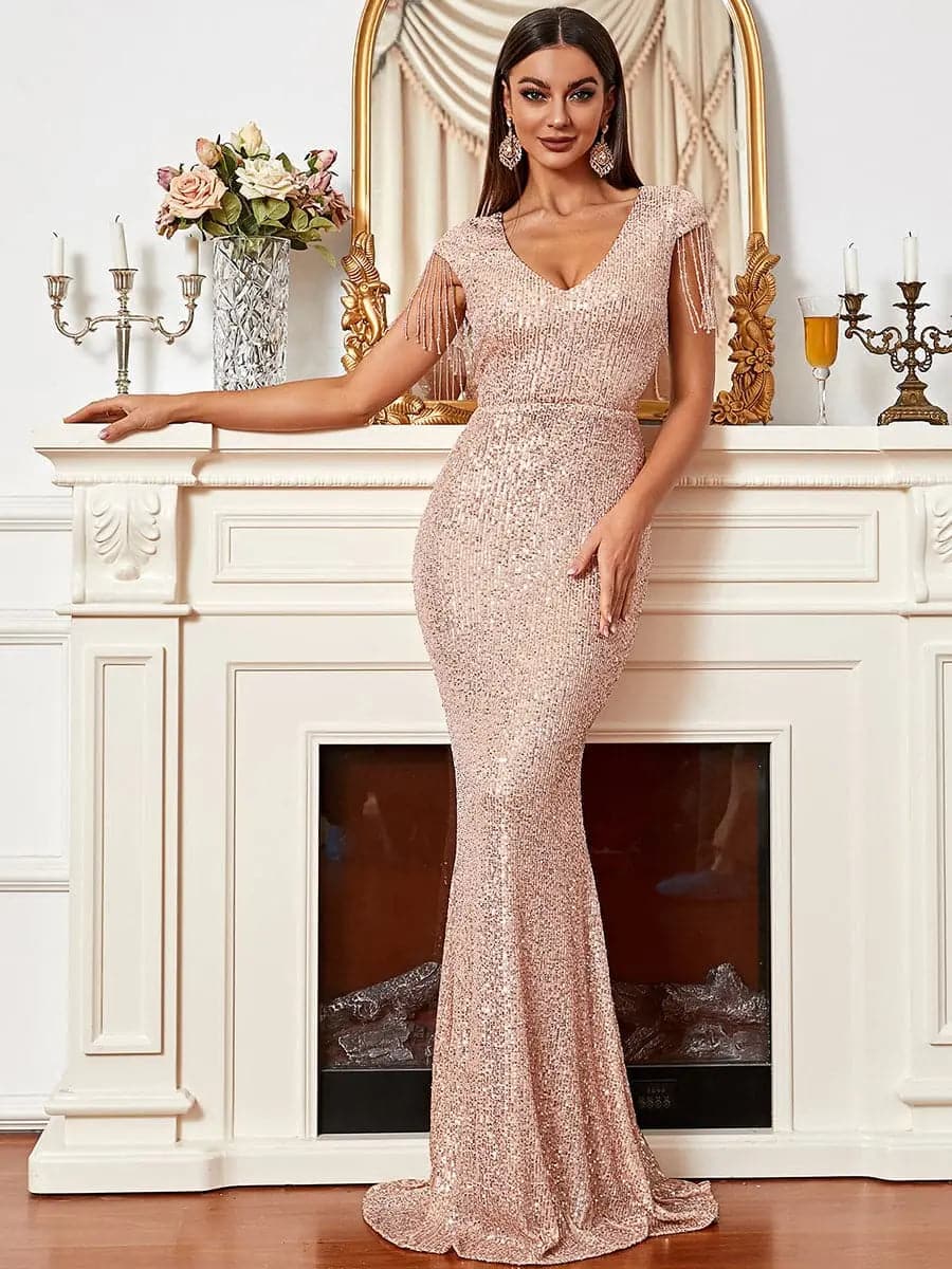 V Neck Cap Sleeve Sequin Floor Length Gold Evening Dress XH1929 MISS ORD