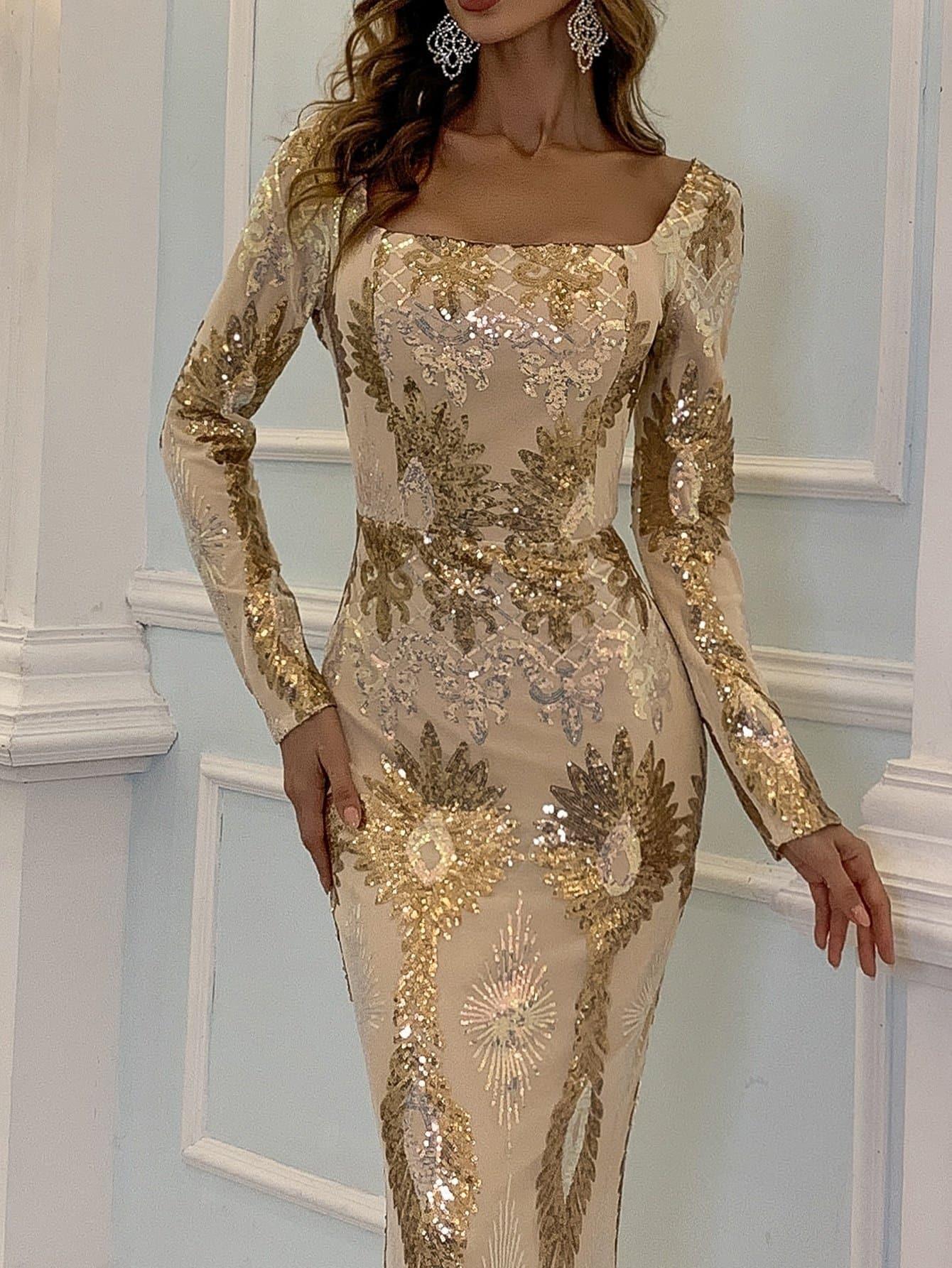 Square Neck Geo Sequin Golden Dress M0870 - MISS ORD