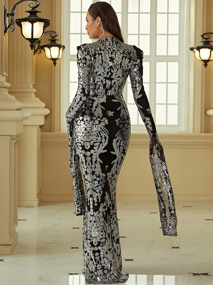 Stand Collar Long Sleeve Mermaid Sequin Prom Dress XJ1262