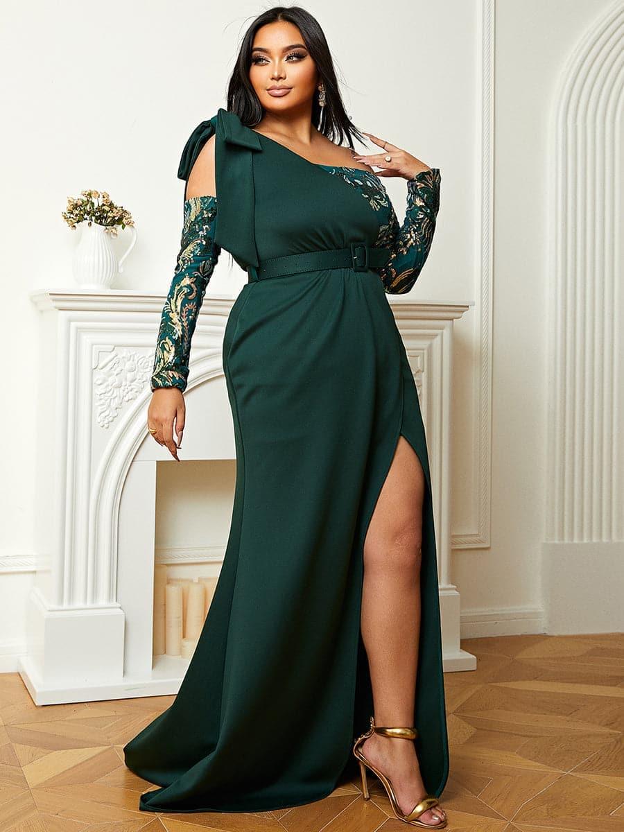 Plus Off Shoulder Emerald Green Gown PJM019L - MISS ORD