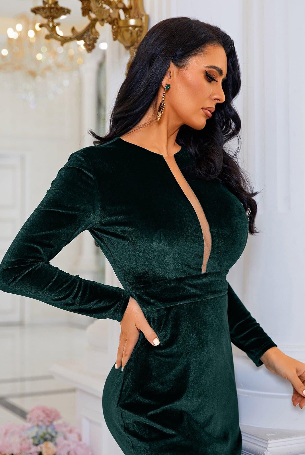 Long Sleeve Velvet Green Evening Dress XJ940 - MISS ORD