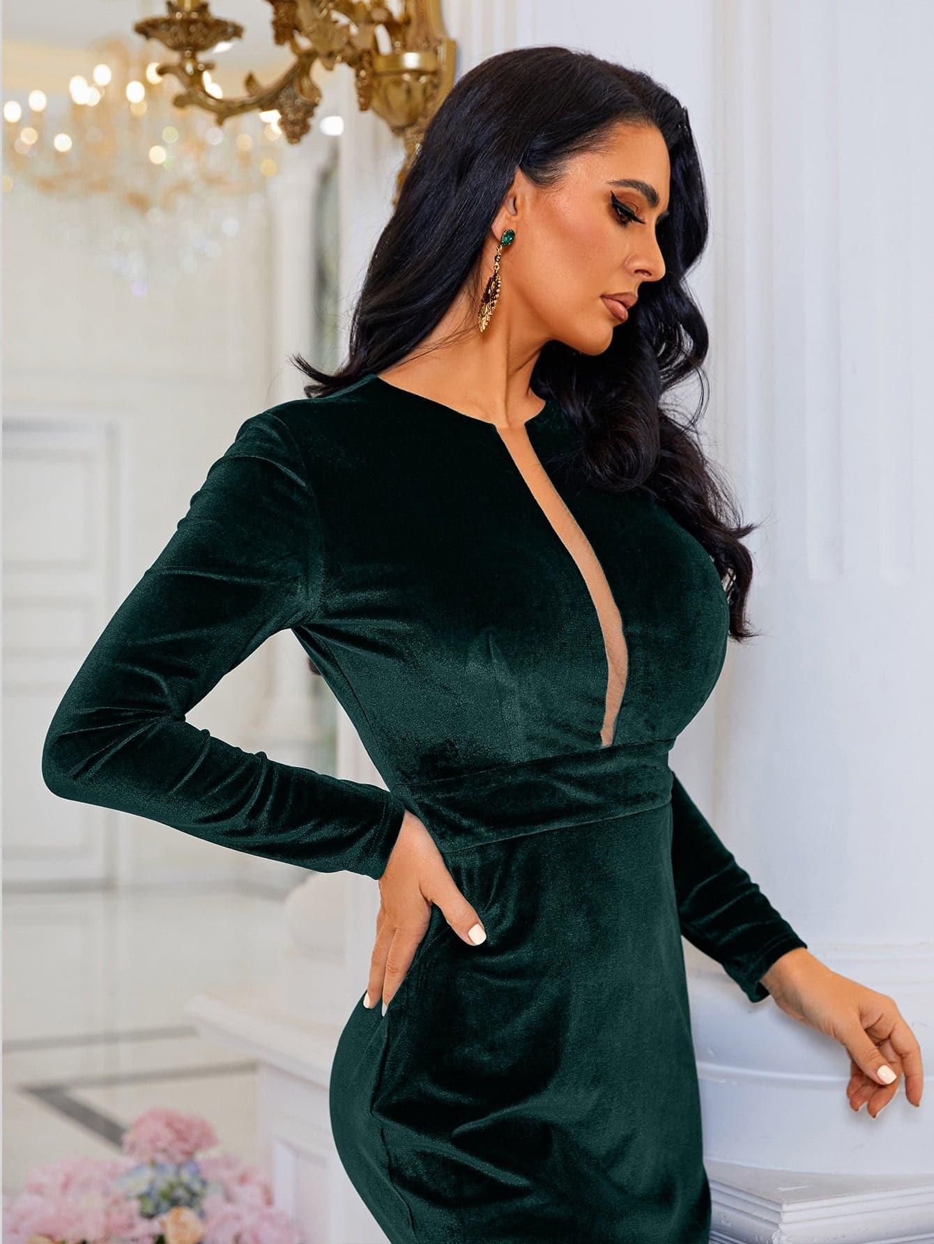 Long Sleeve Velvet Green Evening Dress XJ940 - MISS ORD