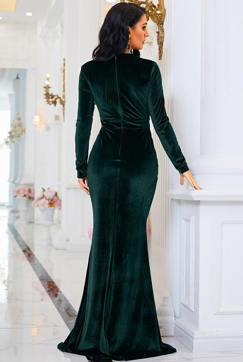 Long Sleeve Velvet Green Evening Dress XJ940 - MISS ORD
