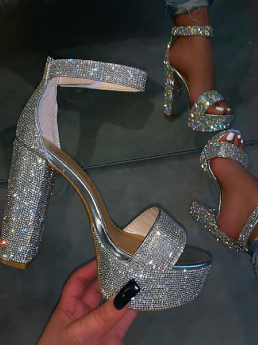 Inlay Rhinestone Thick High Heel Sandals MHE1031 - MISS ORD