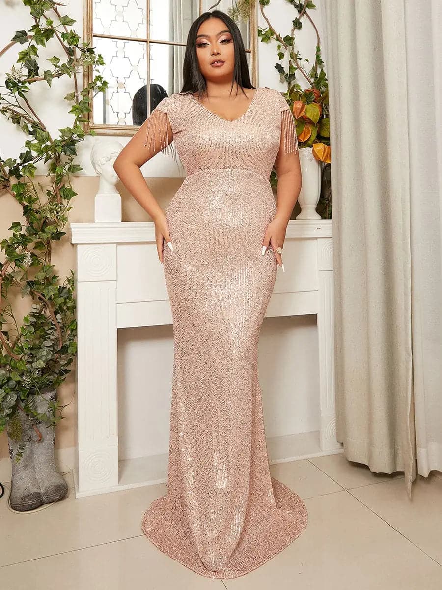 V Neck Cap Sleeve Sequin Floor Length Gold Evening Dress XH1929 MISS ORD