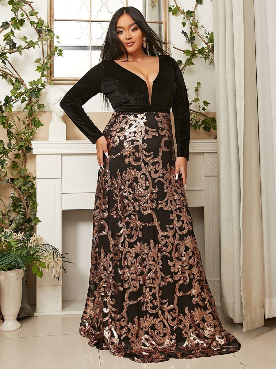 Plus Deep V Neck Backless Black Prom Dress PXJ1678 - MISS ORD