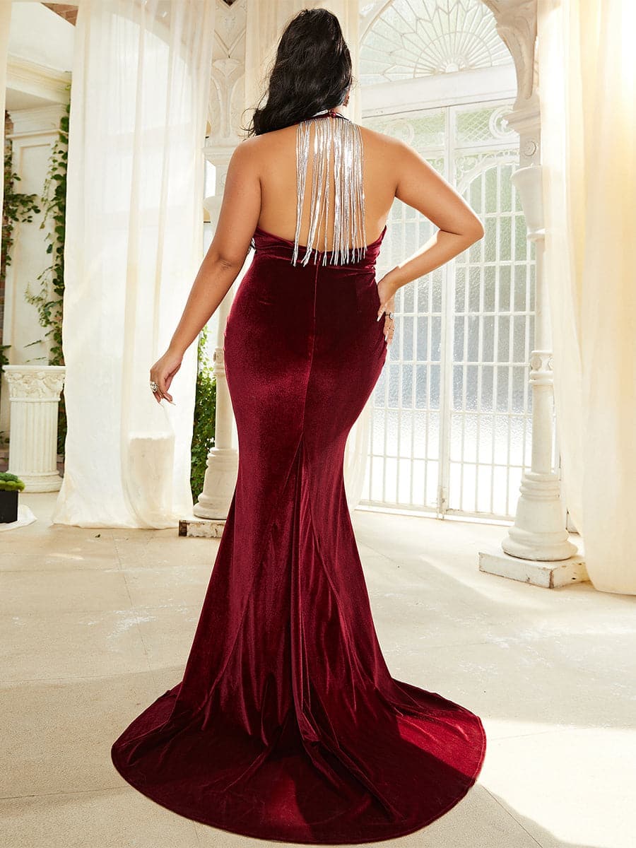 Plus Size Open Back Halter Burgundy Velvet Maxi Prom Dress PXL083 MISS ORD