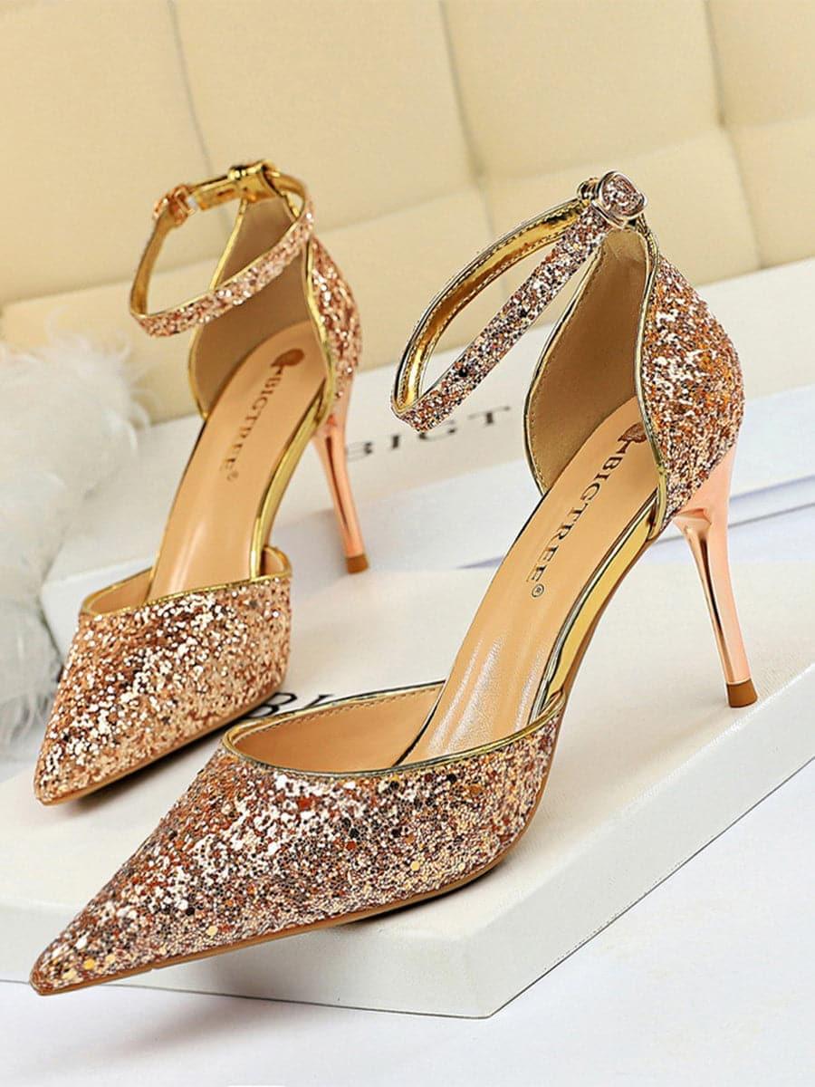 Metal Thin Buckle Sequins High Heel Sandals MHE1015 - MISS ORD