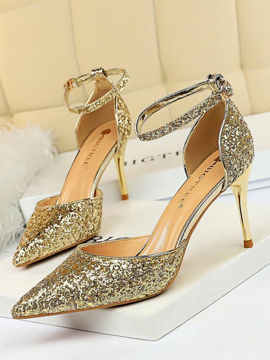 Metal Thin Buckle Sequins High Heel Sandals MHE1015 - MISS ORD