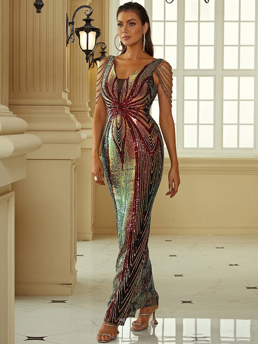 V Neck Elegant Multicolor Maxi Sequin Prom Dress M02092 MISS ORD