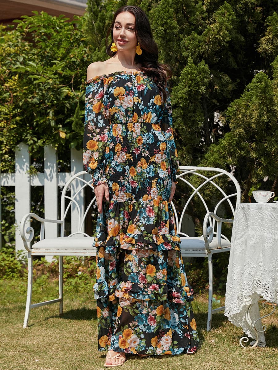 Ruffled Green Printed Casual Chiffon Dress XH1647 MISS ORD