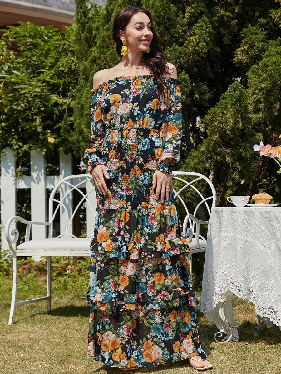 Ruffled Green Printed Casual Chiffon Dress XH1647 MISS ORD