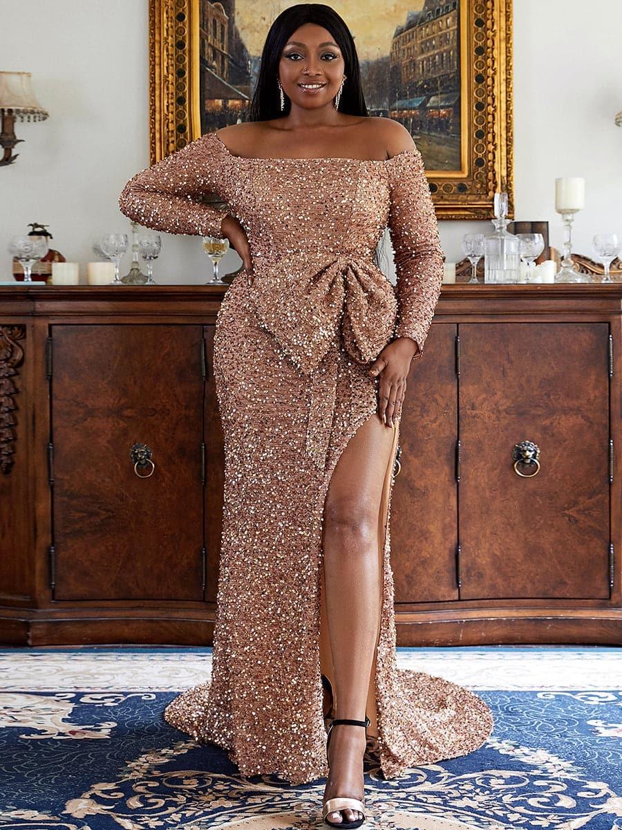 Plus Size Bow Knot Split Formal Dress PXH2122 - MISS ORD