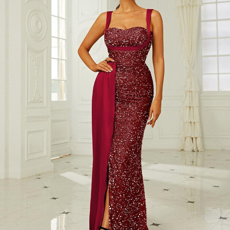 Ribbon Corset Sequin Maxi Prom Dress XH2162 - MISS ORD