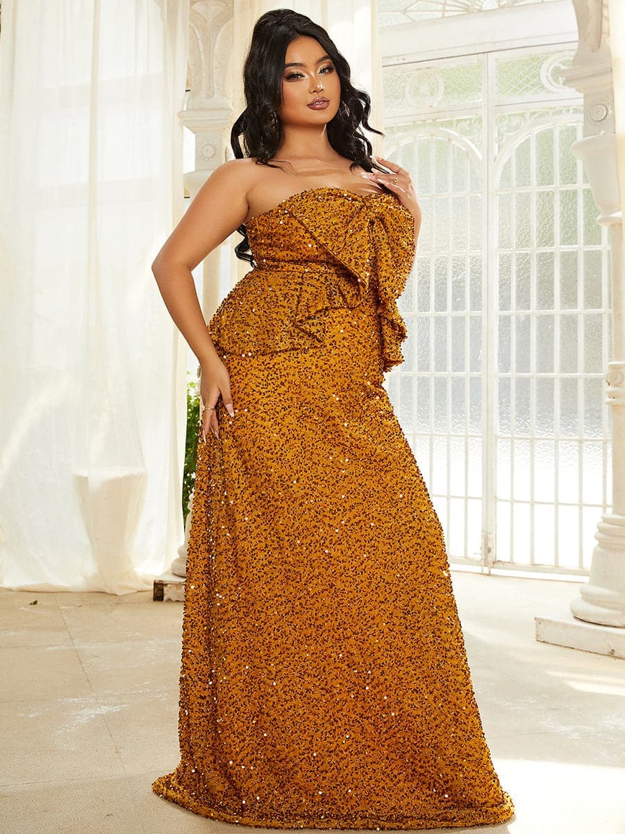 Plus Size Ruffle Bow Sequin Ginger Evening Dress PJM022L MISS ORD