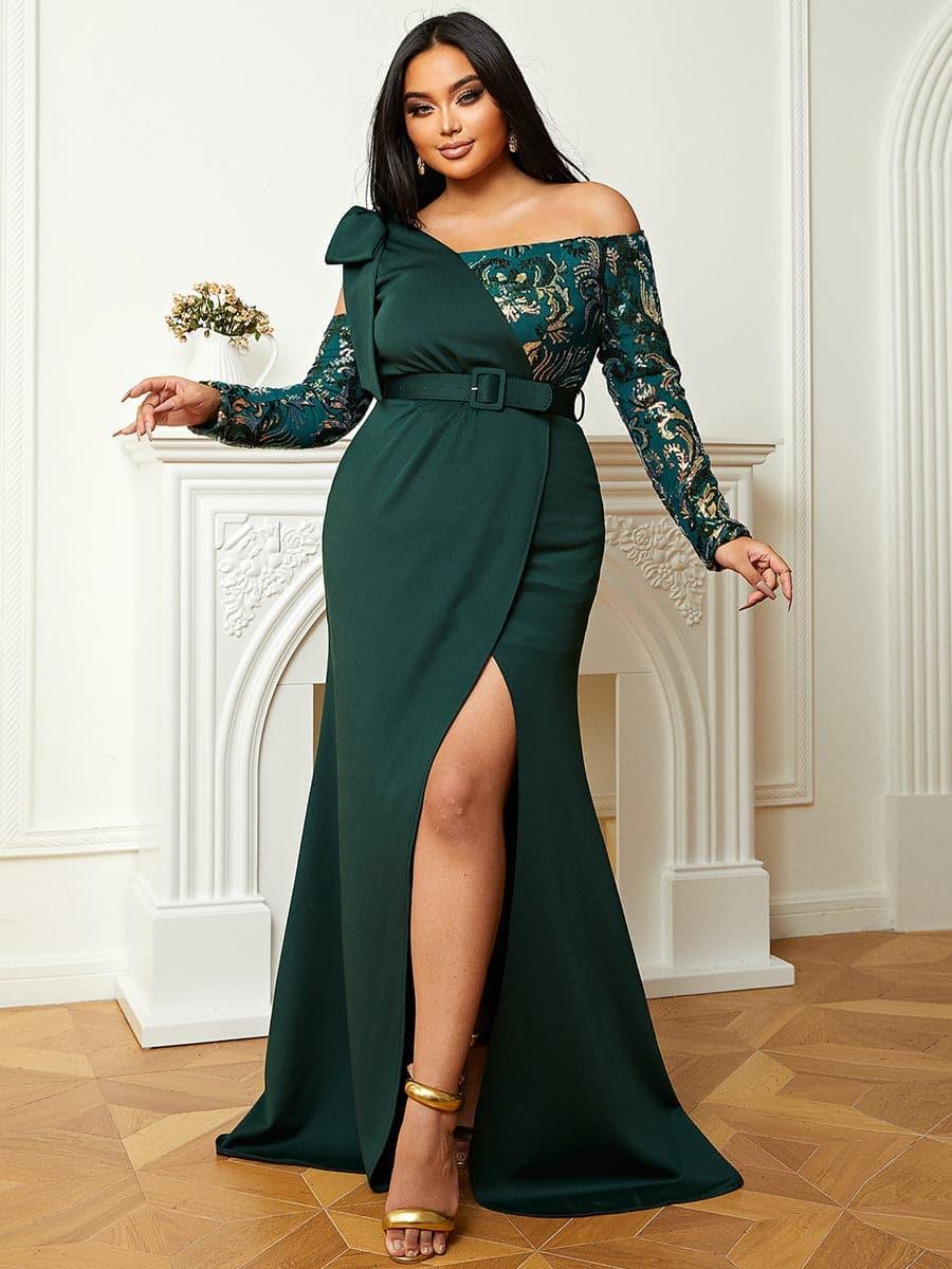 Plus Off Shoulder Emerald Green Gown PJM019L - MISS ORD