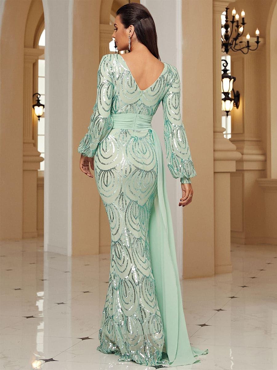 Formal Draping Sequin Long Sleeve Dress XJ1524 - MISS ORD