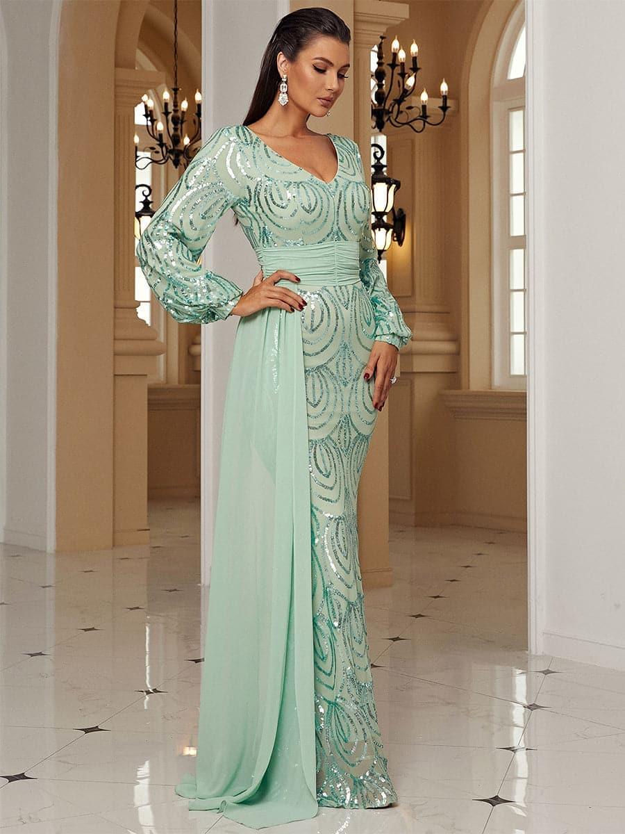 Formal Draping Sequin Long Sleeve Dress XJ1524 - MISS ORD