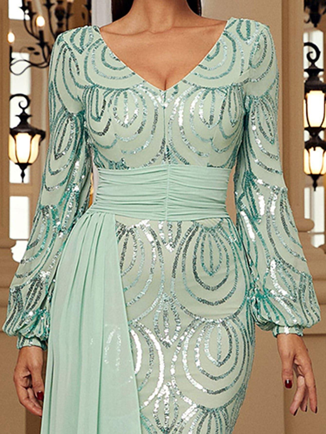 Formal Draping Sequin Long Sleeve Dress XJ1524 - MISS ORD