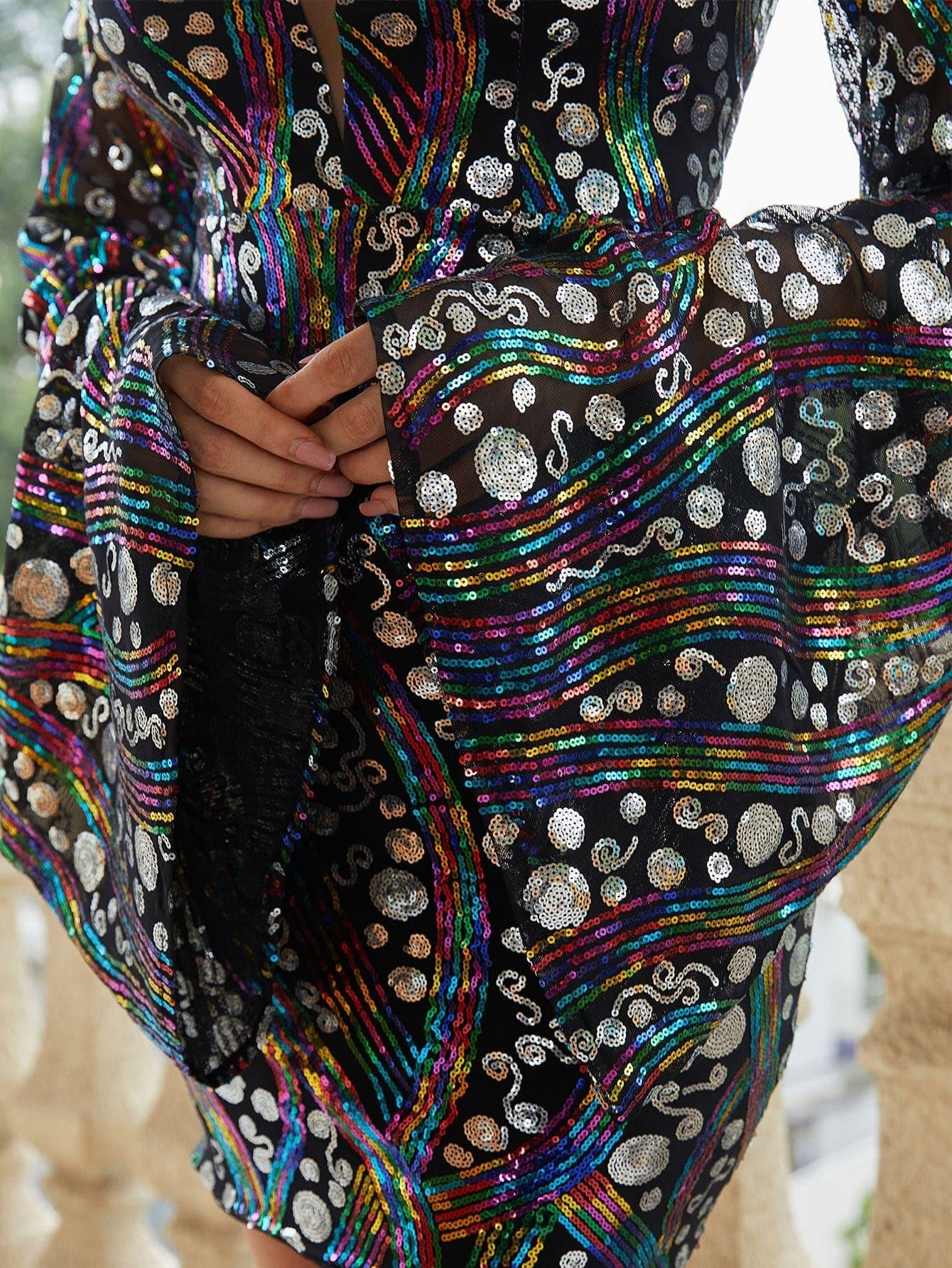 V-Neck Flared Sleeve Multicolor Sequin Mini Dress XJ1936 - MISS ORD