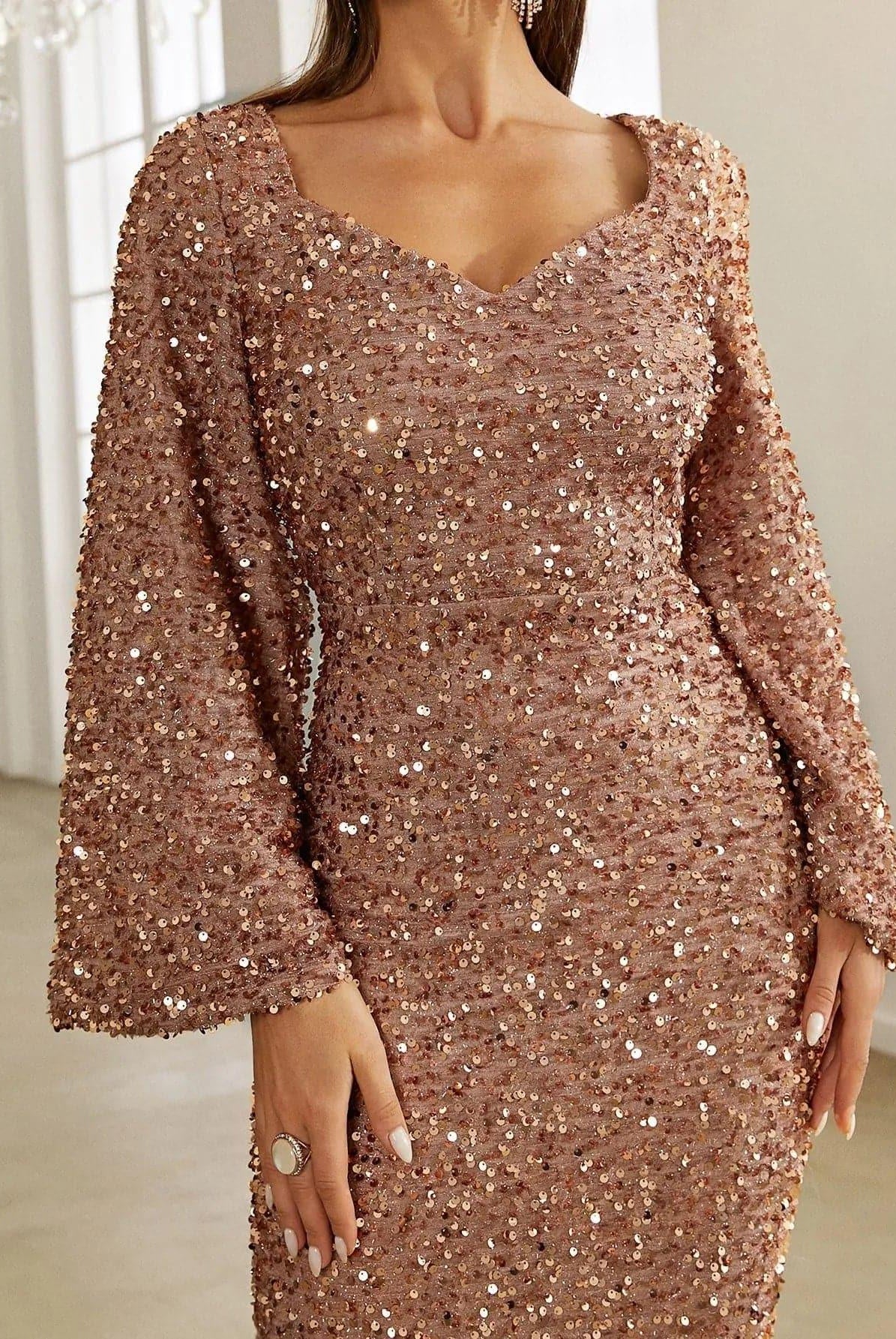 Sequin Bell Sleeve Mermaid Dress M02010 - MISS ORD