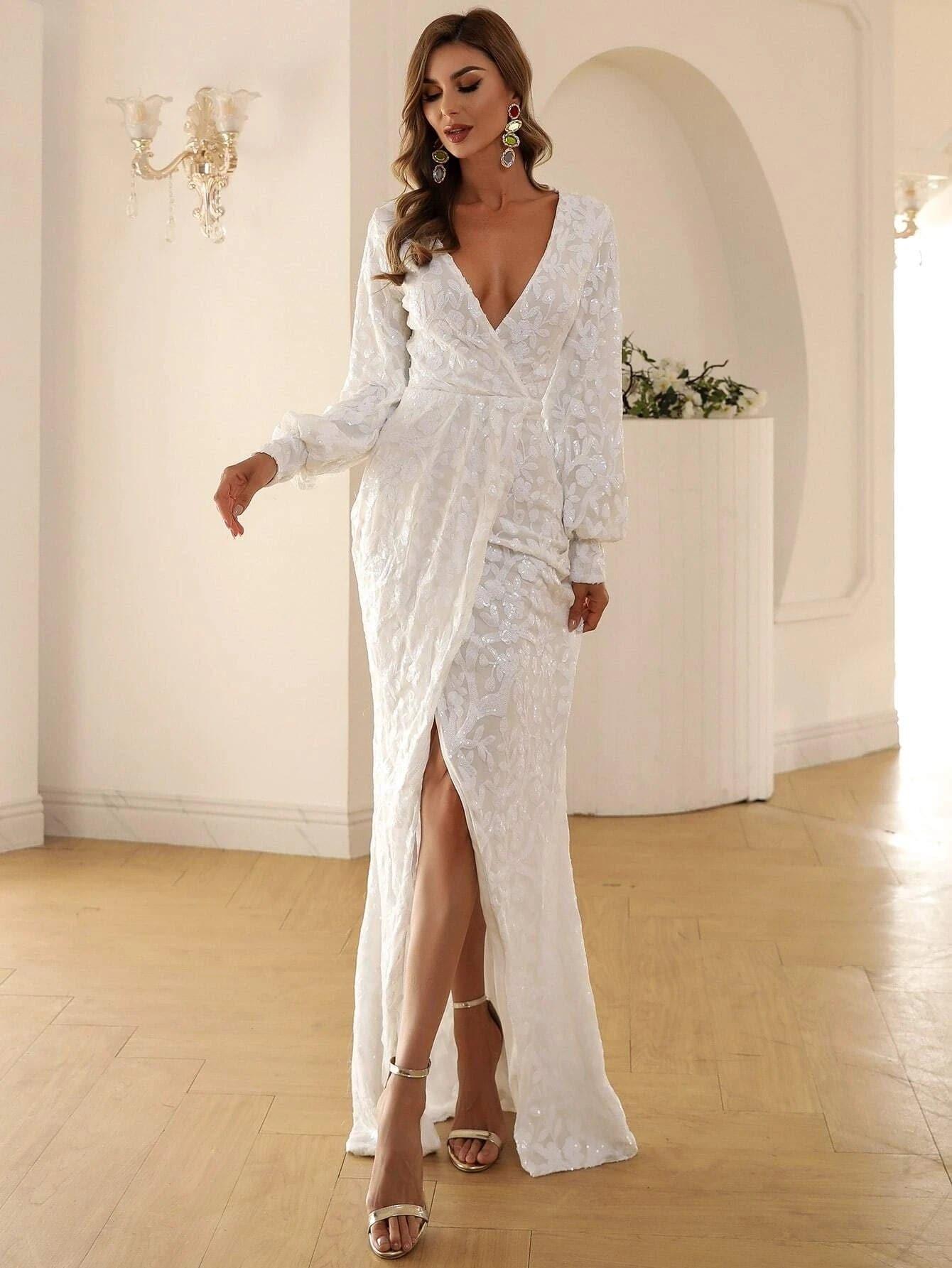 White Wrap Sequin Split Maxi Long Sleeve Dress M01207 - MISS ORD