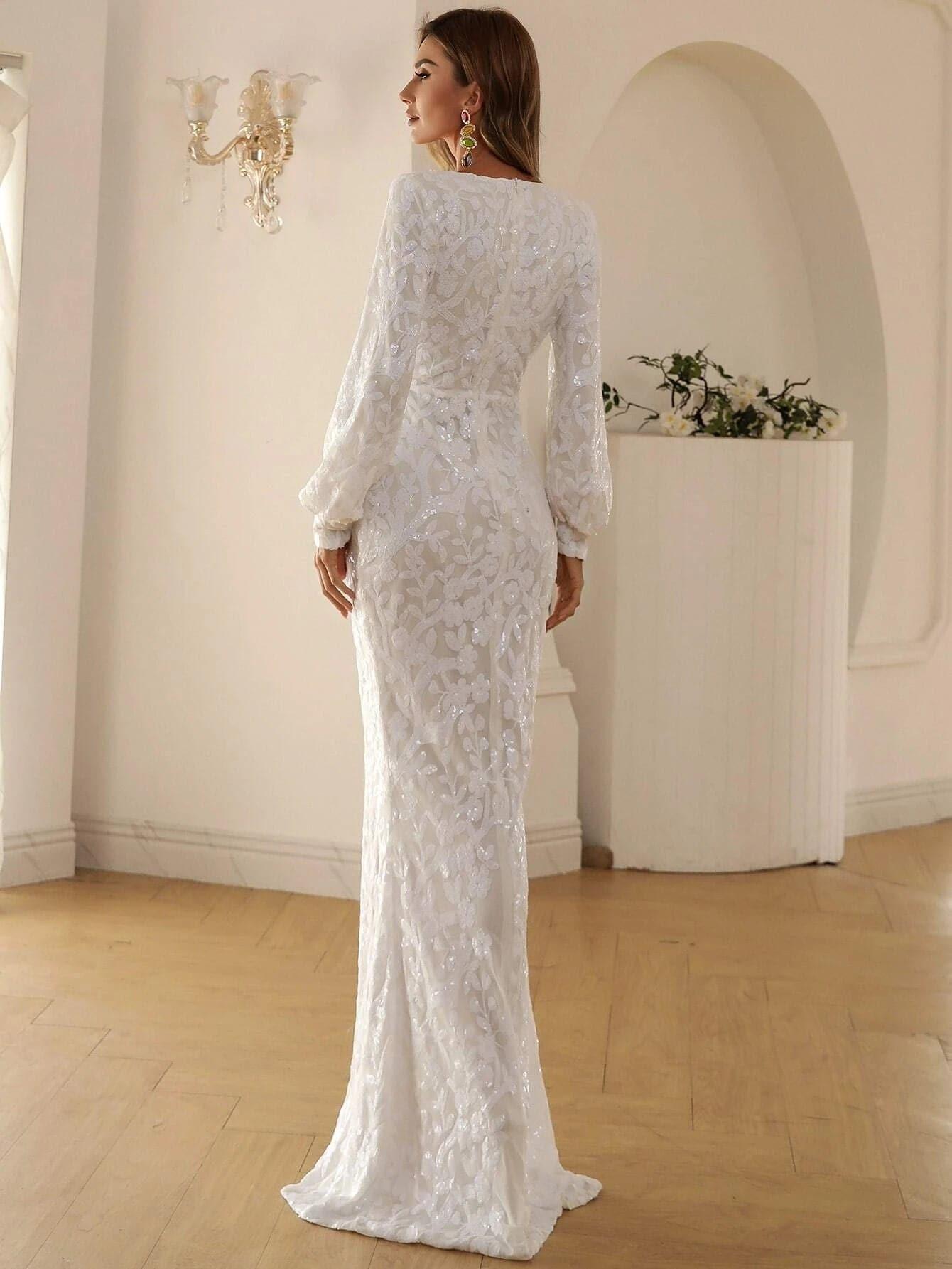 White Wrap Sequin Split Maxi Long Sleeve Dress M01207 - MISS ORD