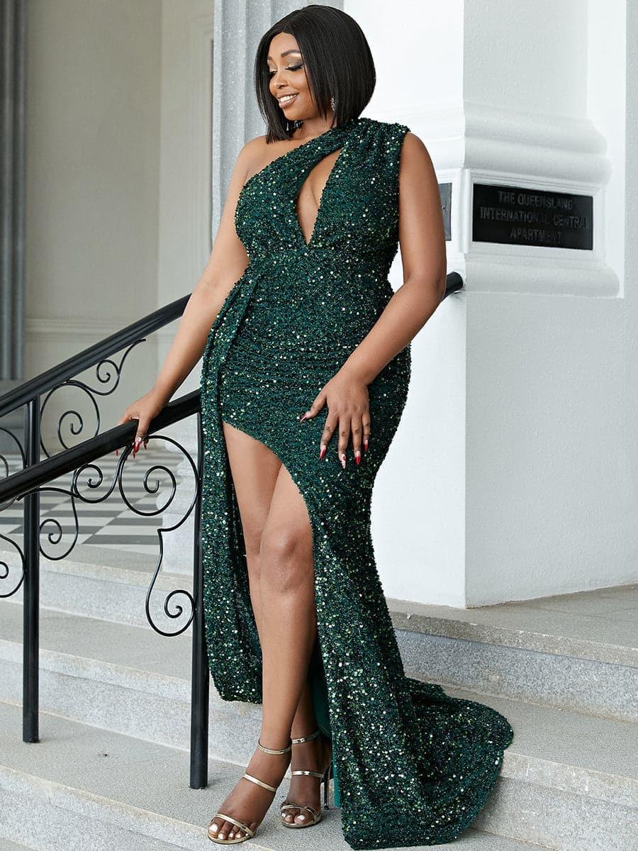 Plus Size Cutout Sequin Ribbon Prom Dress PXH1694 - MISS ORD