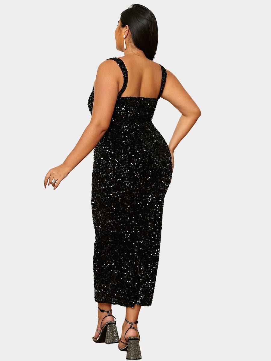 Plus Size Square Neck Sleeveless Sequin Midi Dress PXJ468 - MISS ORD