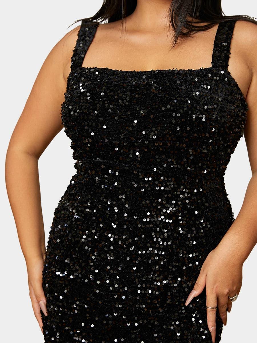 Plus Size Square Neck Sleeveless Sequin Midi Dress PXJ468 - MISS ORD