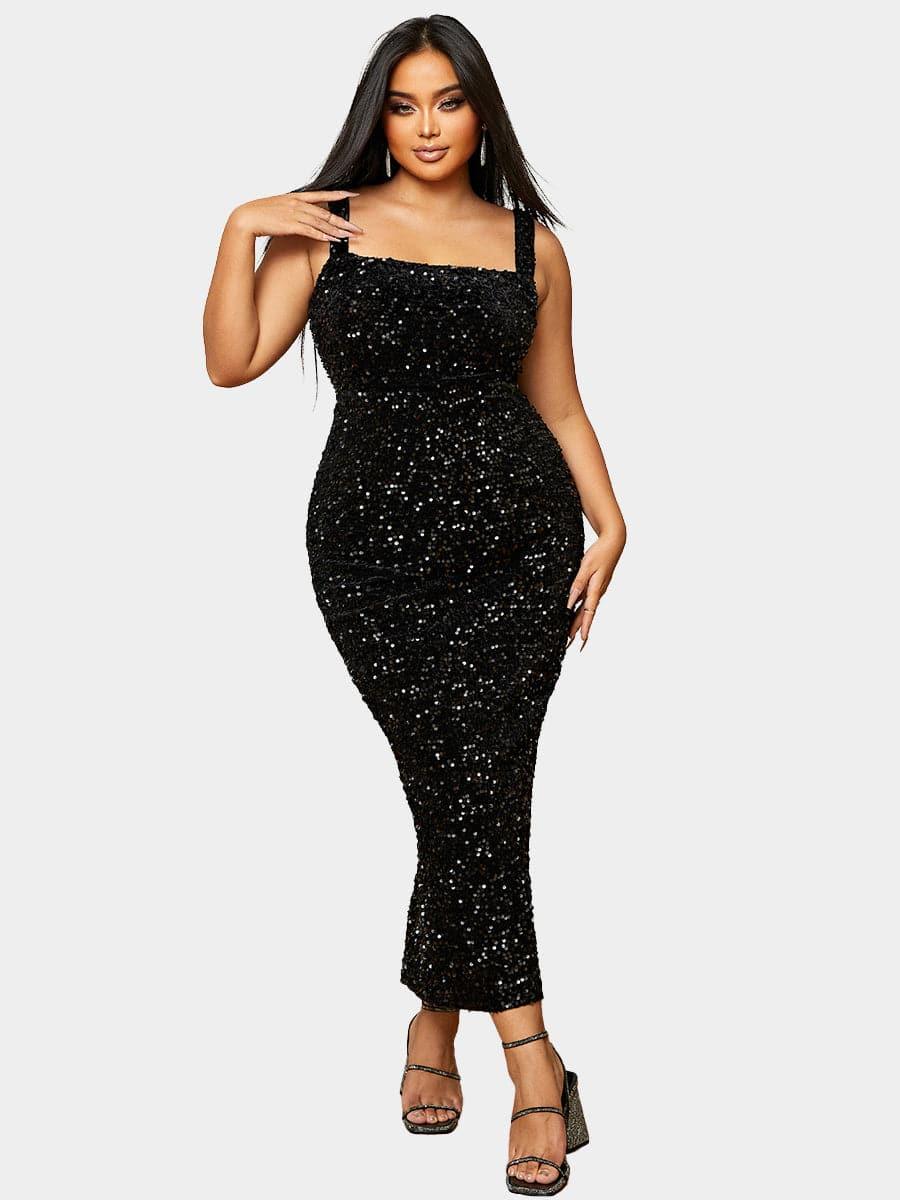 Plus Size Square Neck Sleeveless Sequin Midi Dress PXJ468 - MISS ORD