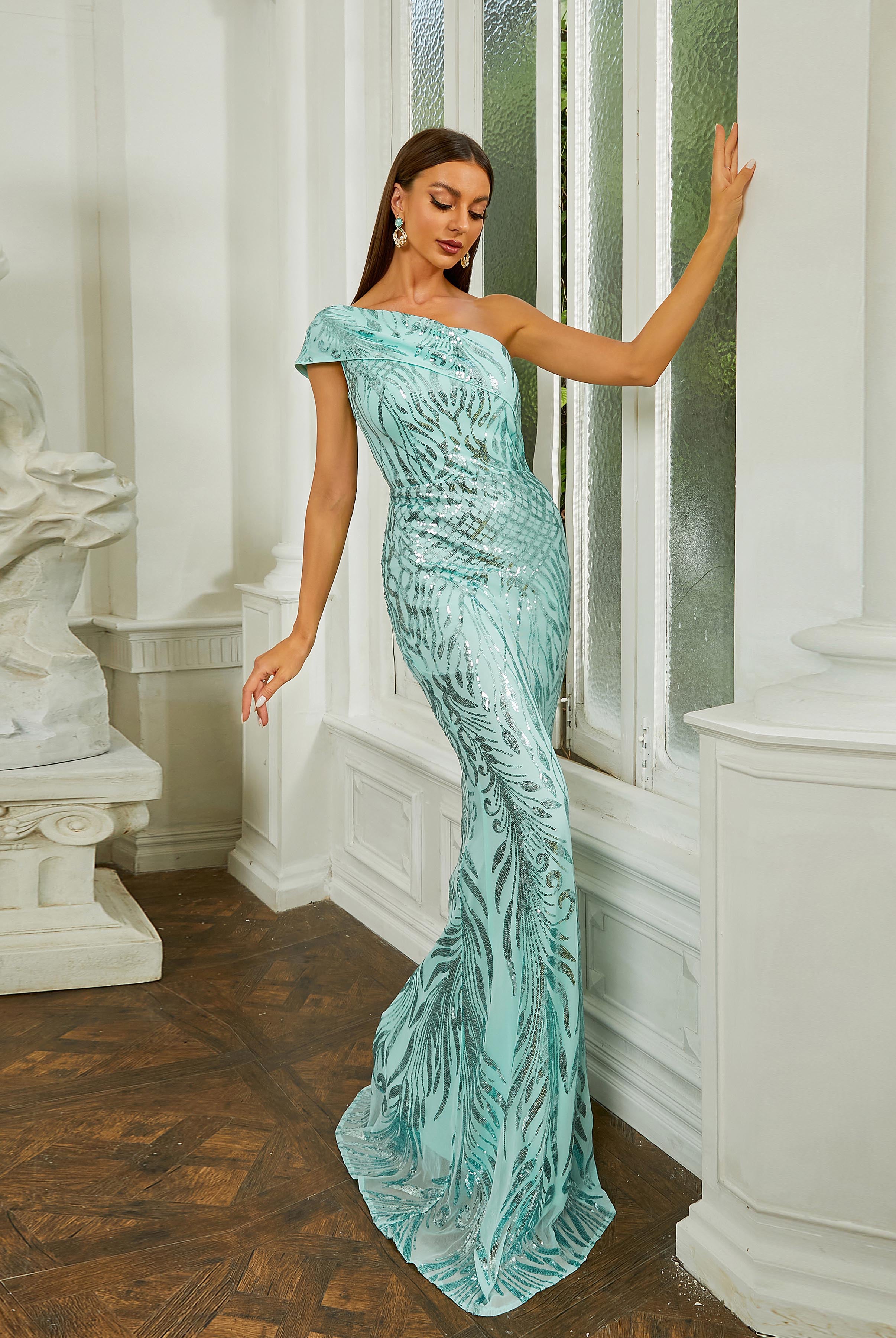 MISSORD One Shoulder Backless Mermaid Sequin Prom Dress