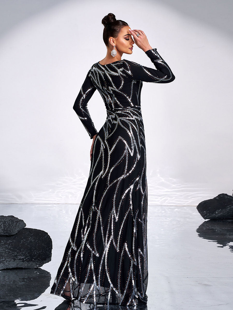 A-Line Long Sleeve Sequin Black Dress XJ1962 - MISS ORD