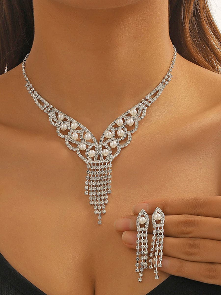 Pearl Tassel Rhinestones Earrings Necklace Set MSE00129