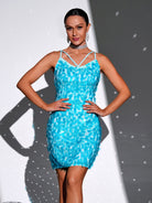 Spaghetti Straps Lace Up Blue Sequin Party Dress RM21613