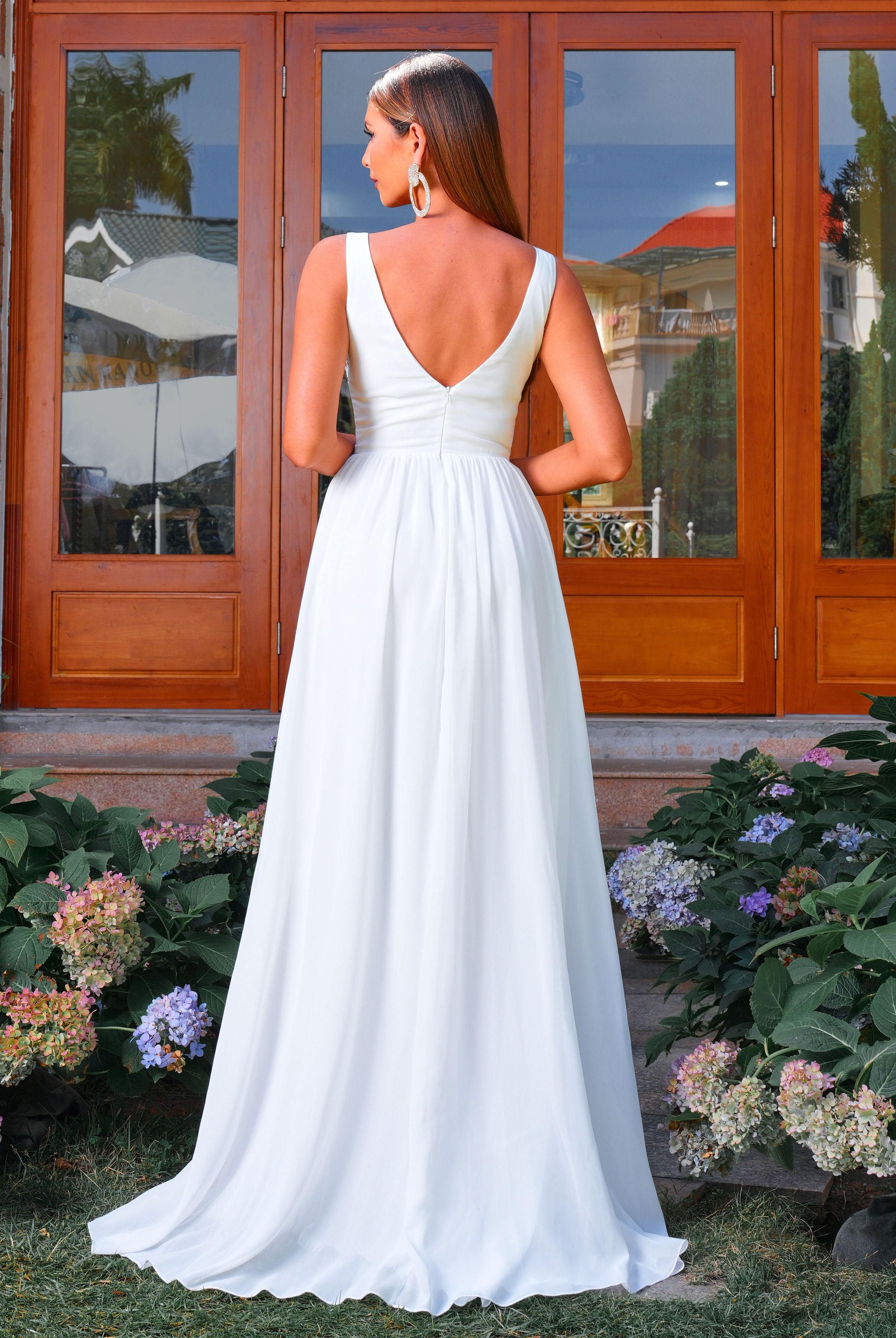 MISSORD Sleeveless Panel Backless Split White Maxi Dress 