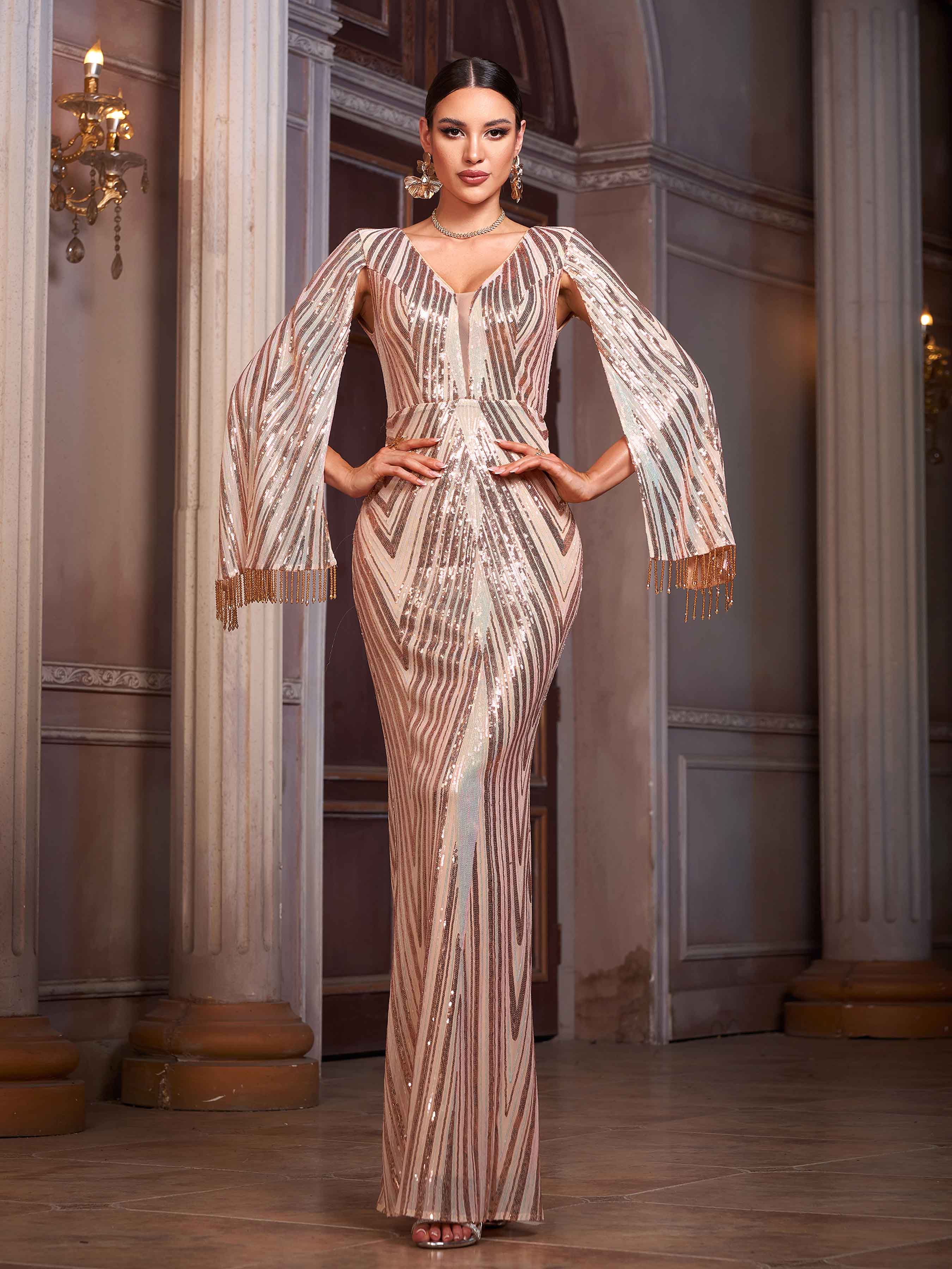 Champagne Sequin Maxi Evening Dress with Cape Sleeves and Beaded