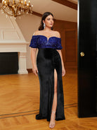 MISSORD Plus Size Off The Shoulder High Split Velvet Black Prom Dress