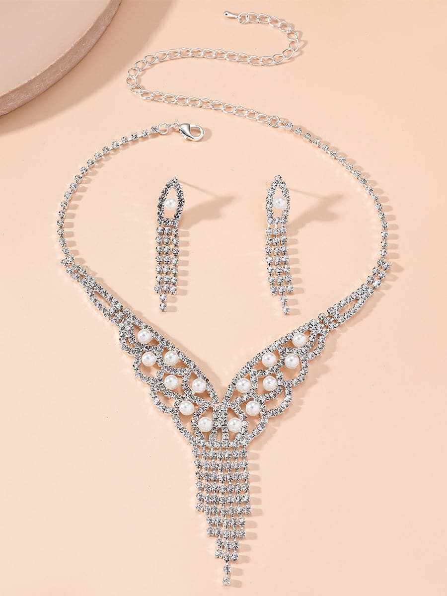 Pearl Tassel Rhinestones Earrings Necklace Set MSE00129 MISS ORD