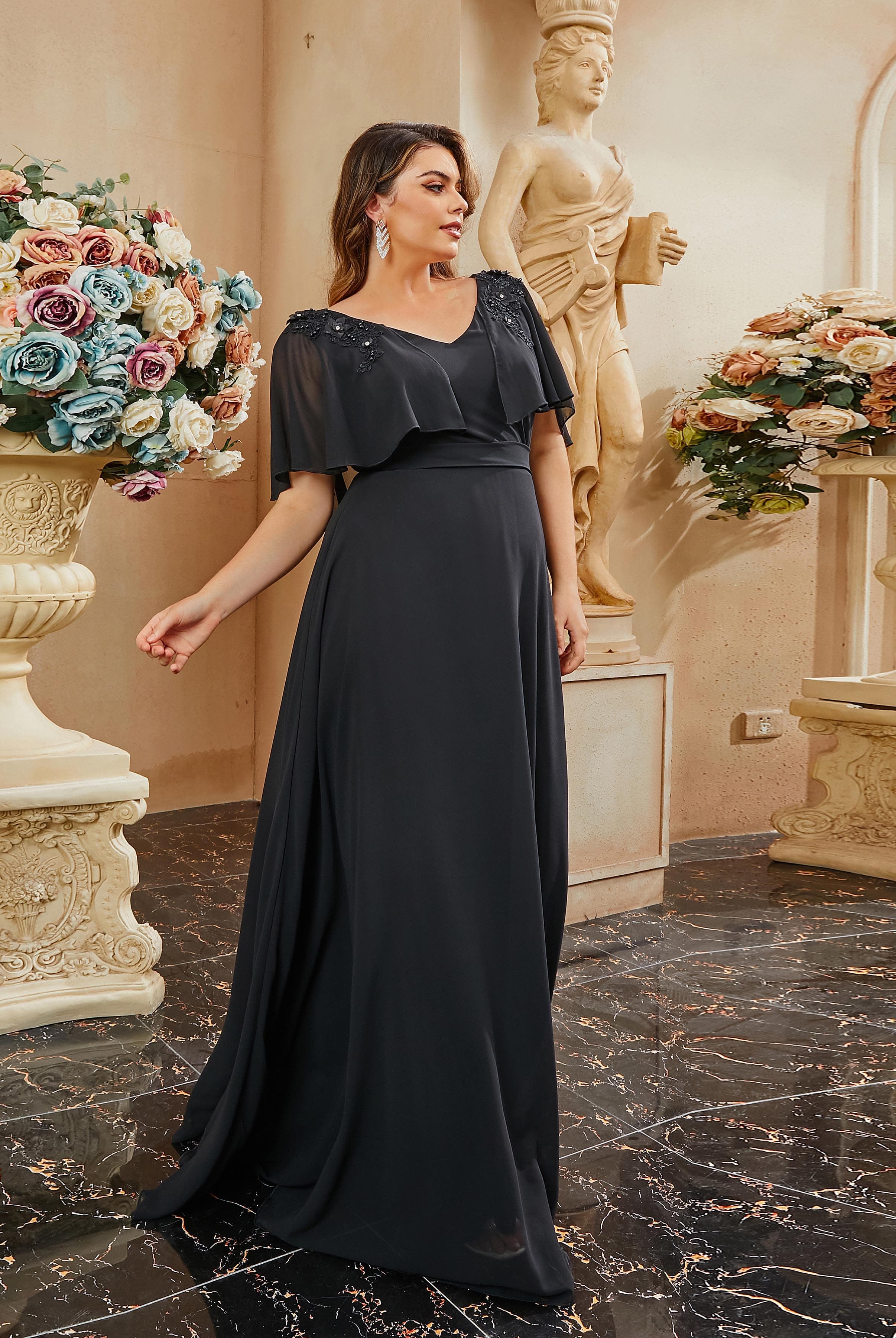 MISSORD Plus Size V-neck Sequin Mesh Black Evening Dress