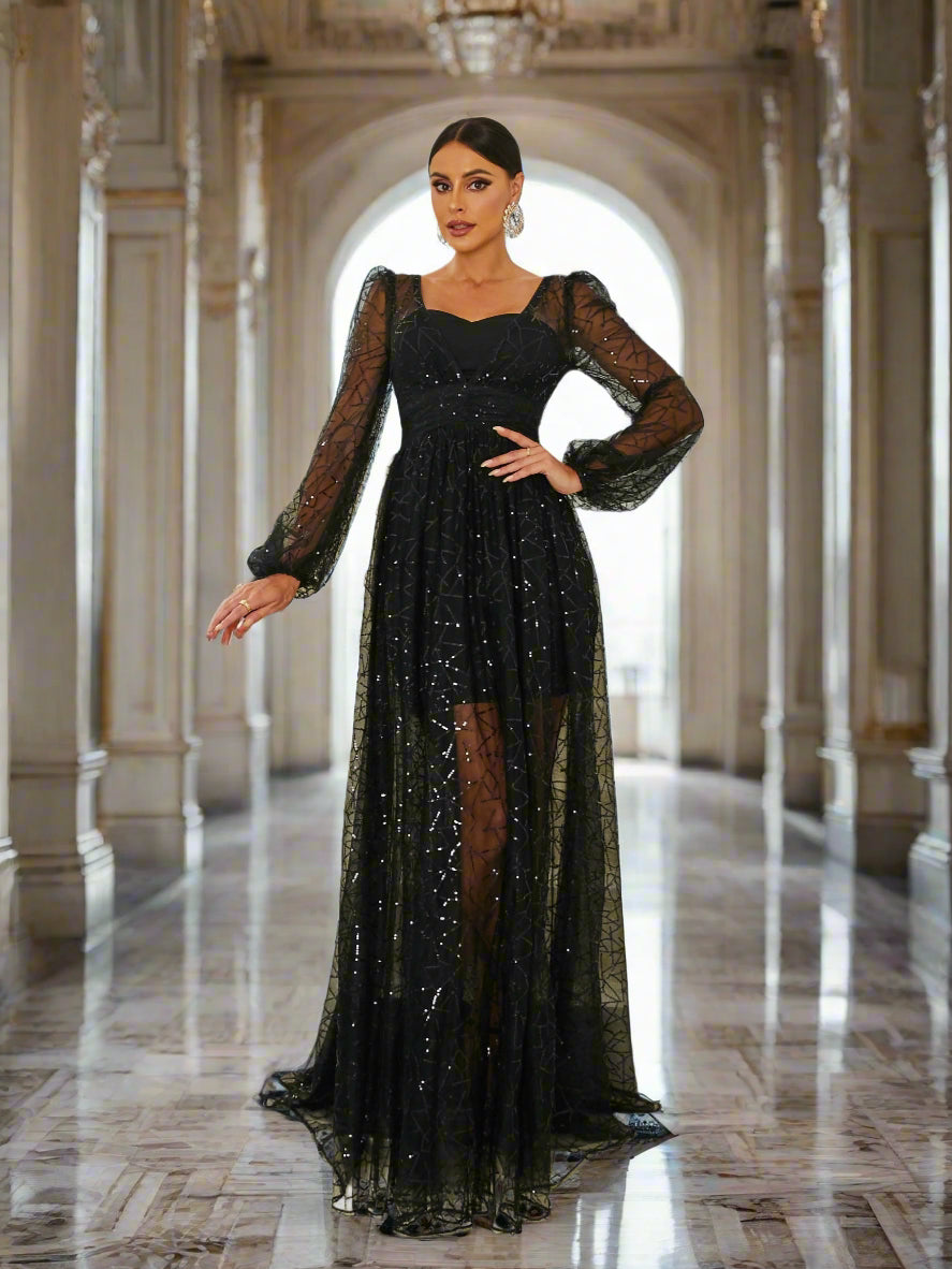 Lantern Sleeve Black Tulle Dress RA60074 - Black / XL Lantern Sleeve Black Tulle Dress RA60074 - Black / XL