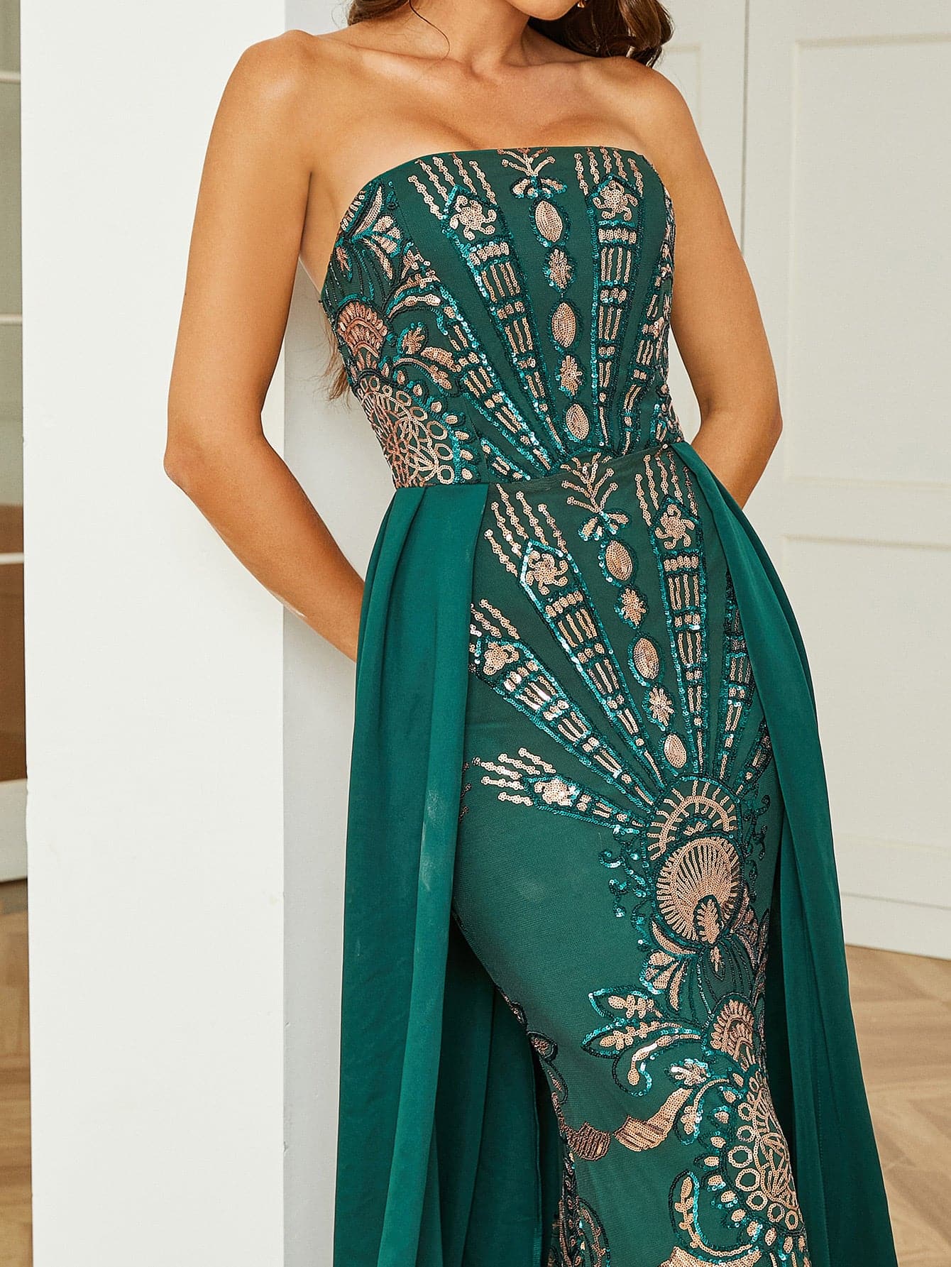 Strapless Vintage Emerald Green Sequin Evening Dress RM20444 MISS ORD