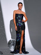 Tube Top High Split Black Sequin Gown RM21509