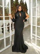 MISSORD Plus Size Stand Collar Cutout Mermaid Black Prom Dress
