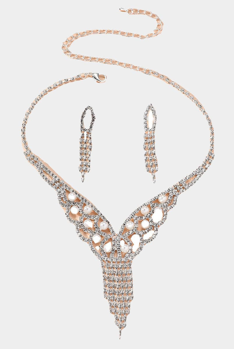 Pearl Tassel Rhinestones Earrings Necklace Set MSE00129