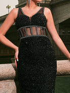 MISSORD V-neck Sleeveless Black Sequin Maxi Dress