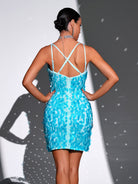 Spaghetti Straps Lace Up Blue Sequin Party Dress RM21613
