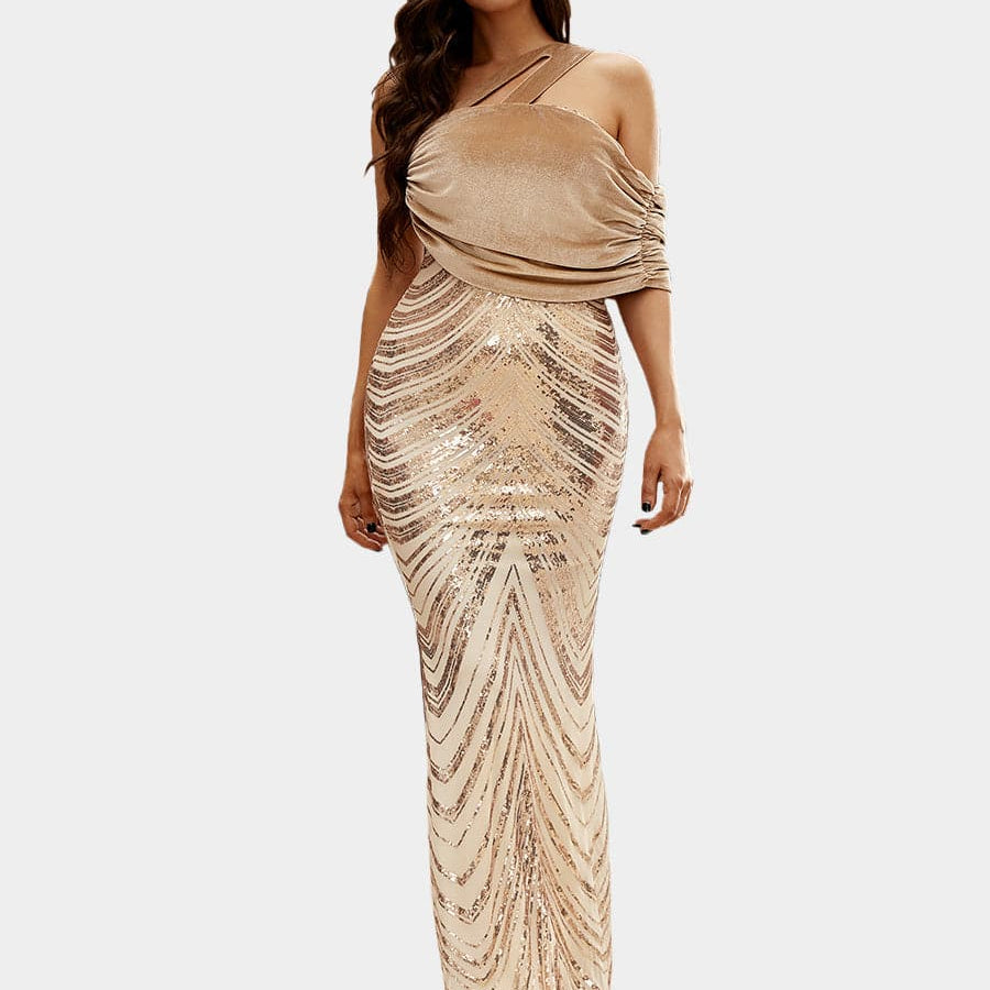 Langes Abendkleid mit goldenen Pailletten und One-Shoulder-Ausschnitt WY51